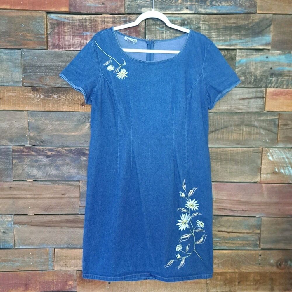 Robbie Bee 90s Vintage Sz 16 Floral Embroidered Denim Short Sleeve Mini Dress